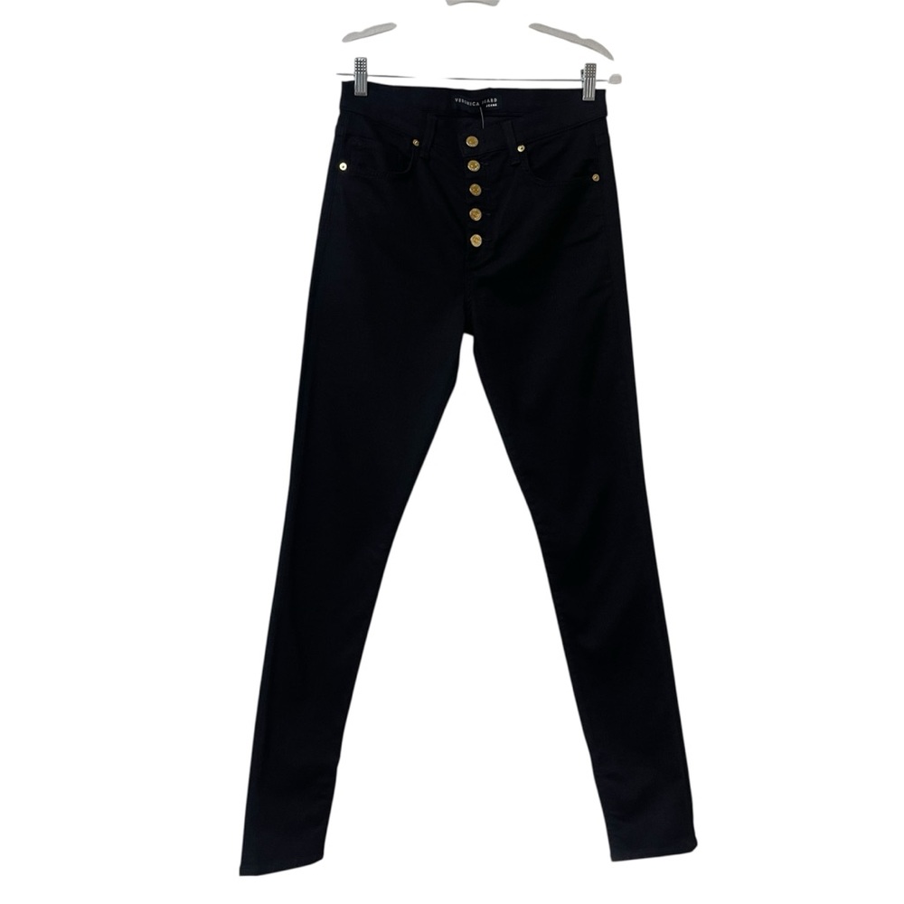 Veronica Beard Debbie High Rise Skinny Jean Black Split Hem Gold Button Size 29